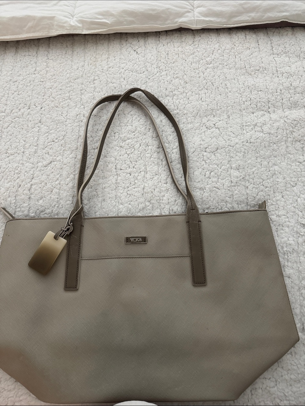 Tumi Beige Taupe Leather Tote with Gold Tag